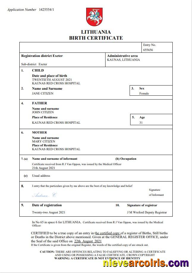 Lithuania birth certificate